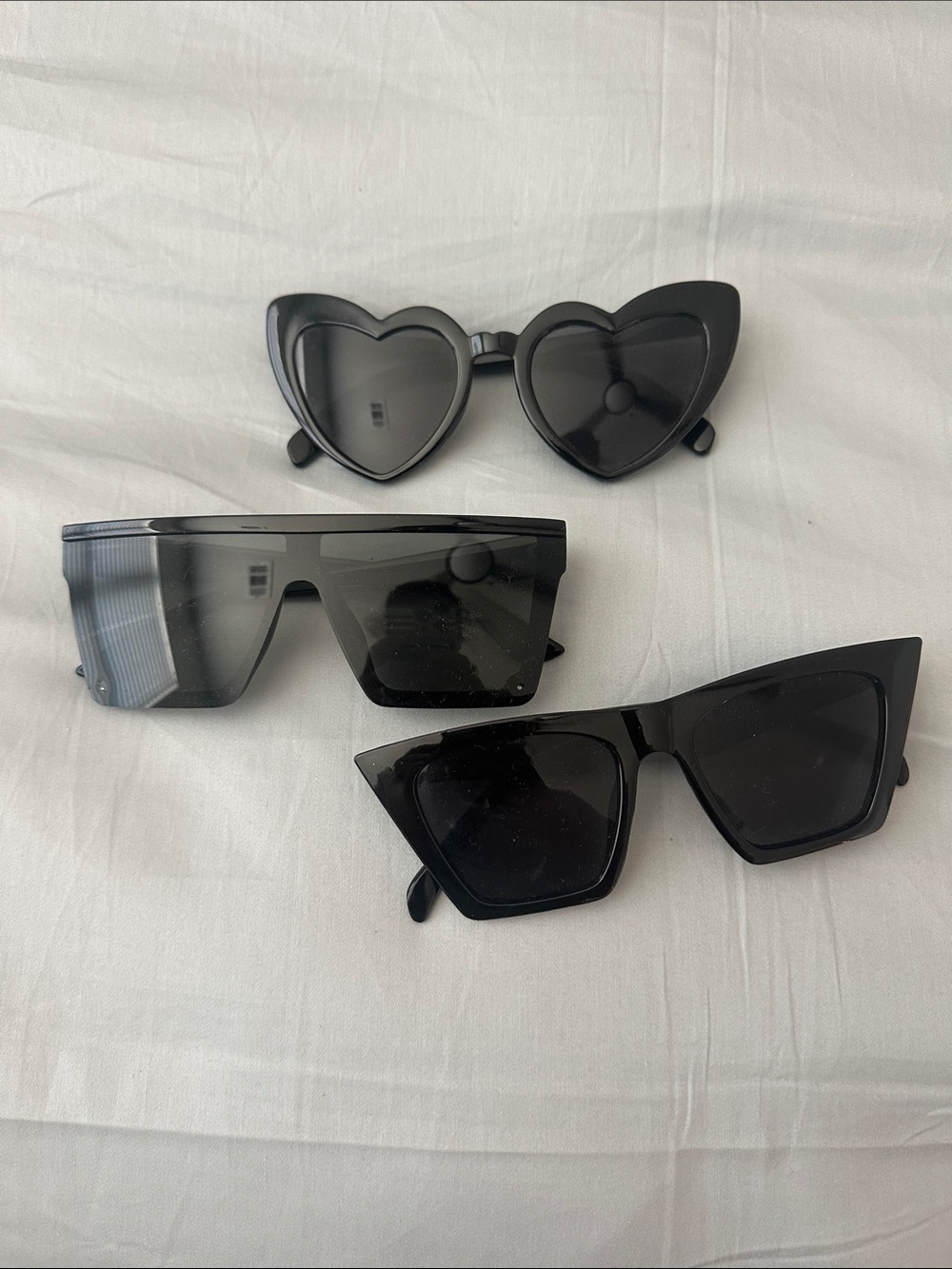 Three Black Fashion Sunglasses - Heart, Shield, Cat Eye Styles